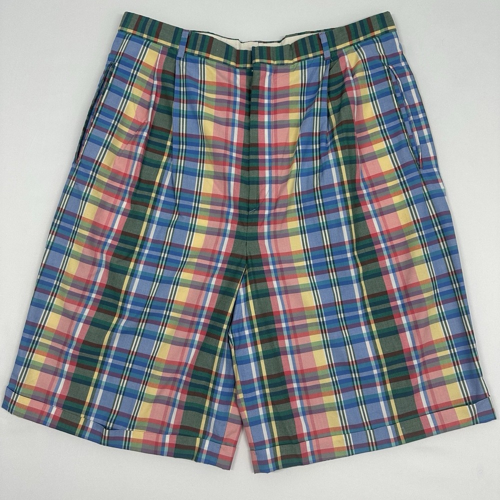 Polo Ralph Lauren Sz 18 Pleated Bermuda Plaid Shorts Classic Preppy Made in USA